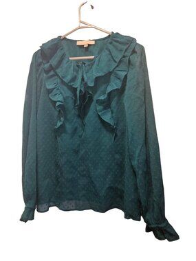 LOFT Teal Ruffle Long Sleeve Blouse With Swiss Dot Detail Size Small Lightweight